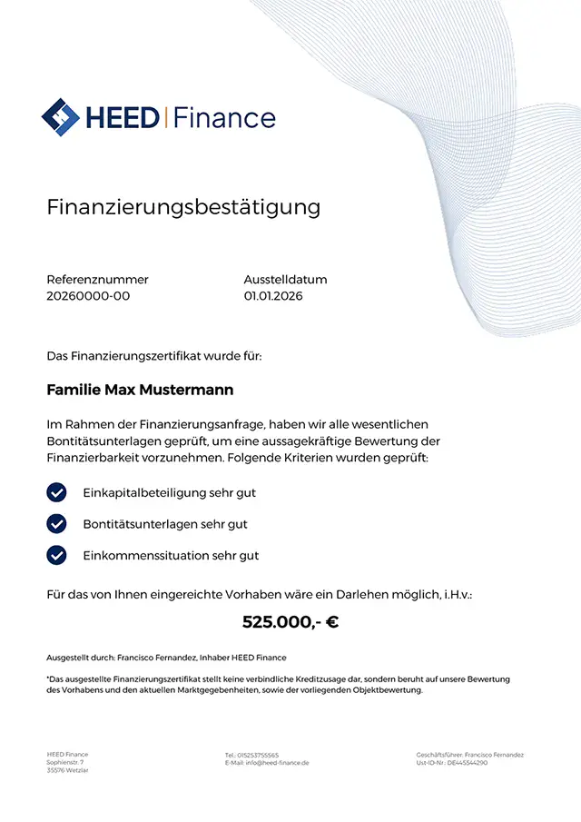 Beispiel einer freibleibenden Finanzierungsbestätigung von HEED Finance